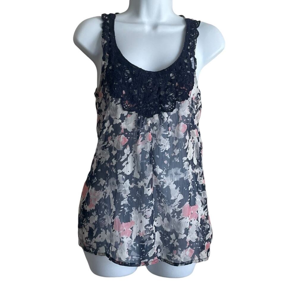 Mudd Women Tank Top M Blue Floral Crochet Trim‎ Sheer Boho Festival Dainty Girly